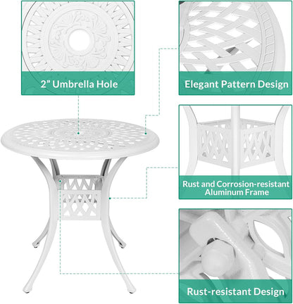VIVIJASON 3-Piece Patio Furniture Dining Set, All-Weather Cast Aluminum Outdoor Bistro Set, Include 2 Dining Chairs and 31" Round Table w/ 2" Umbrella Hole for Balcony, Lawn, Garden, Backyard, White
