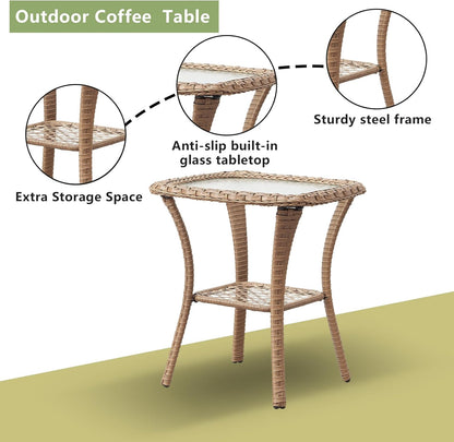 Outdoor Patio Swivel Rocker Chairs - 3 Piece Patio Bistro Set,Wicker Patio Furniture Set with 2 Swivel Rocking Chairs and 1 Glass Top Side Table for Deck Porch Garden,Yellow/Beige