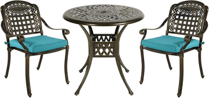 MEETWARM 3 Piece Patio Bistro Set, Outdoor All-Weather Cast Aluminum Dining Furniture Set Includes 2 Chairs with Cushions and a 31” Round Table with Umbrella Hole for Garden Deck, Ocean Blue