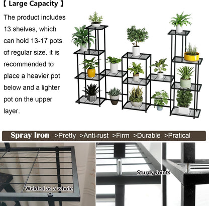 Tall Multi Tier Plant Stand, 13 Tiers Multifunctional Plant Stands for Indoor Plants, Decorative Black Steel Plant Shelf for outdoor Patio Garden Balcony and Yard