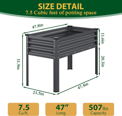 MUPATER Galvanized Steel Raised Garden Bed with Legs, 47.8" L x 23.5" W x 31.9" H Large Metal Elevated Raised Planter Box with Detachable Black Liner for Backyard, Patio, Balcony, Gray