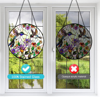 Hummingbird Sun Catcher Stained Glass Window Hanging - Wildflower and Bird Suncatchers for Windows Stained Glass Suncatcher - Sun Catchers Indoor Wall Art Home Decor Gift for Women Mom Bird Lovers
