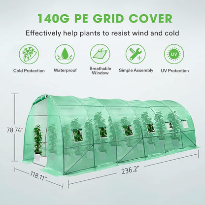 VIVOSUN 20x10x7 Ft. Large Walk in Greenhouse, Greenhouse Tunnel, Garden Plant Hot House with Green PE Cover, Roll-up Zipper Door and Window for Outdoor