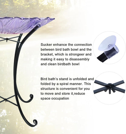 MUMTOP Outdoor Glass Birdbath with Metal Stand for Outside Yard Garden Decor, 18 inch Diameter Purple Bird Baths Bowl for Outdoors, 21 inch Height