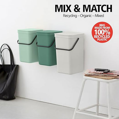 Brabantia Sort & Go Kitchen Countertop Food Scraps Compost Bin | XS / 0.8 Gal / 3L | Jade Green | Removable Stay-Open Lid, Carry Handle, Easy-Clean Recycling Box | Wall Bracket Sold Separately