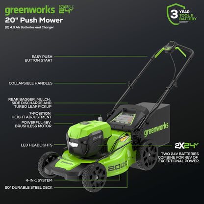 Greenworks 48V (2 x 24V) 20" Brushless Cordless (Push) Lawn Mower (LED Headlight), (2) 4.0Ah Batteries and Dual Port Rapid Charger Included (125+ Compatible Tools)