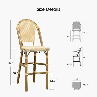 PURPLE LEAF French Bar Stool Set of 4 Bamboo Print Finish Patio Bar Stools with Back Rattan Bar Chairs Wicker Bar Height Stool 30" with Footrest Kitchen Island Stools Outdoor Barstool Cream Yellow