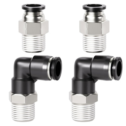 TAILONZ PNEUMATIC Elbow and Straight Combination 1/4 Inch Tube OD x 1/8 Inch NPT Thread Push to Connect Fittings PC-1/4-N1+PL-1/4-N1(Pack of 4)