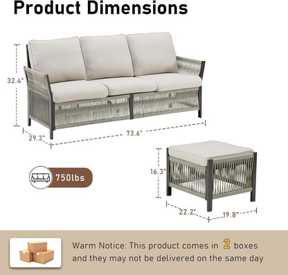 3 Pieces Patio Furniture Set, Outdoor Sectional Wicker Patio Couch with Ottoman & Washable Cushions All-Weather PE Rattan Patio 3-Seating Sofas for Garden, Porch, Backyard - Beige