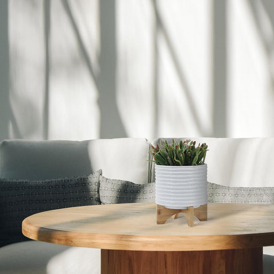 Ceramic Planter with Bamboo Stand – Modern Home Decor Indoor Plant Pot with Textured Stoneware Design – Decorative Planter with Legs for Living Room, Bedroom, Office, Patio, or Garden - 8", White