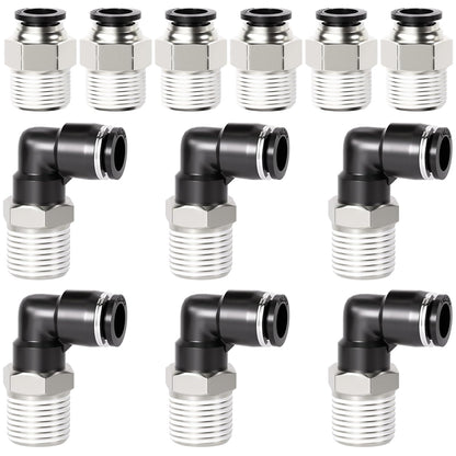 TAILONZ PNEUMATIC Elbow and Straight Combination 1/2 Inch Tube OD x 3/8 Inch NPT Thread Push to Connect Fittings PC-1/2-N3+PL-1/2-N3(Pack of 12)