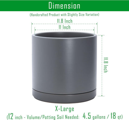D'vine Dev 12 Inch Ceramic Planter Pot with Drainage Hole and Saucer, Indoor Cylinder Round Planter Pot, Speckled Grey, 94-O-F-3