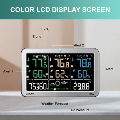 Weather Stations with 3 Sensors Indoor Outdoor Thermometer Wireless Large Display Adjustable Backlight with 500 feet Range Silver