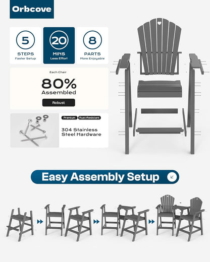 Tall Adirondack Chairs Set of 2 with Double Layer Connecting Table, HDPE Bar Height Outdoor Table and Chairs with Umbrella Hole, All Weather Outdoor Bar Stools for Patio, Deck, Backyard (Grey)