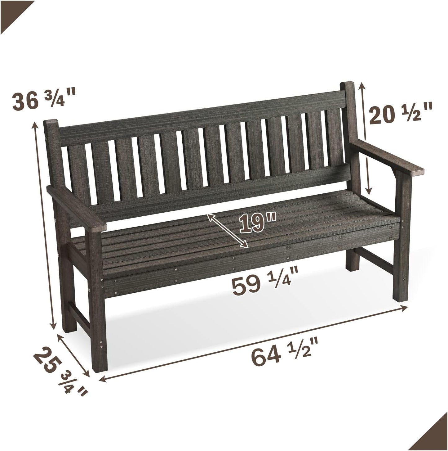 Outdoor Bench, 3-Person Garden Bench, Poly Lumber Patio Bench for Outdoors, Porch, and Park (Dark Brown)