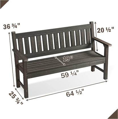 Outdoor Bench, 3-Person Garden Bench, Poly Lumber Patio Bench for Outdoors, Porch, and Park (Dark Brown)