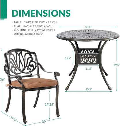 VIVIJASON 3-Piece Patio Bistro Sets, All-Weather Cast Aluminum Bistro Table Set Outdoor Patio Furniture, Include 2 Cushioned Chairs and 35.4" Round Table, 2" Umbrella Hole