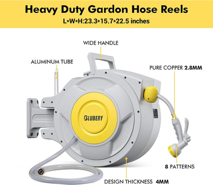 BLUBERY 5/8" x 100+6.7ft Retractable Garden Hose Reel with Slow Return System, Heavy-Duty Wall-Mounted 39.3LB, 10" Handle, 180° Swivel Bracket, Any Length Lock