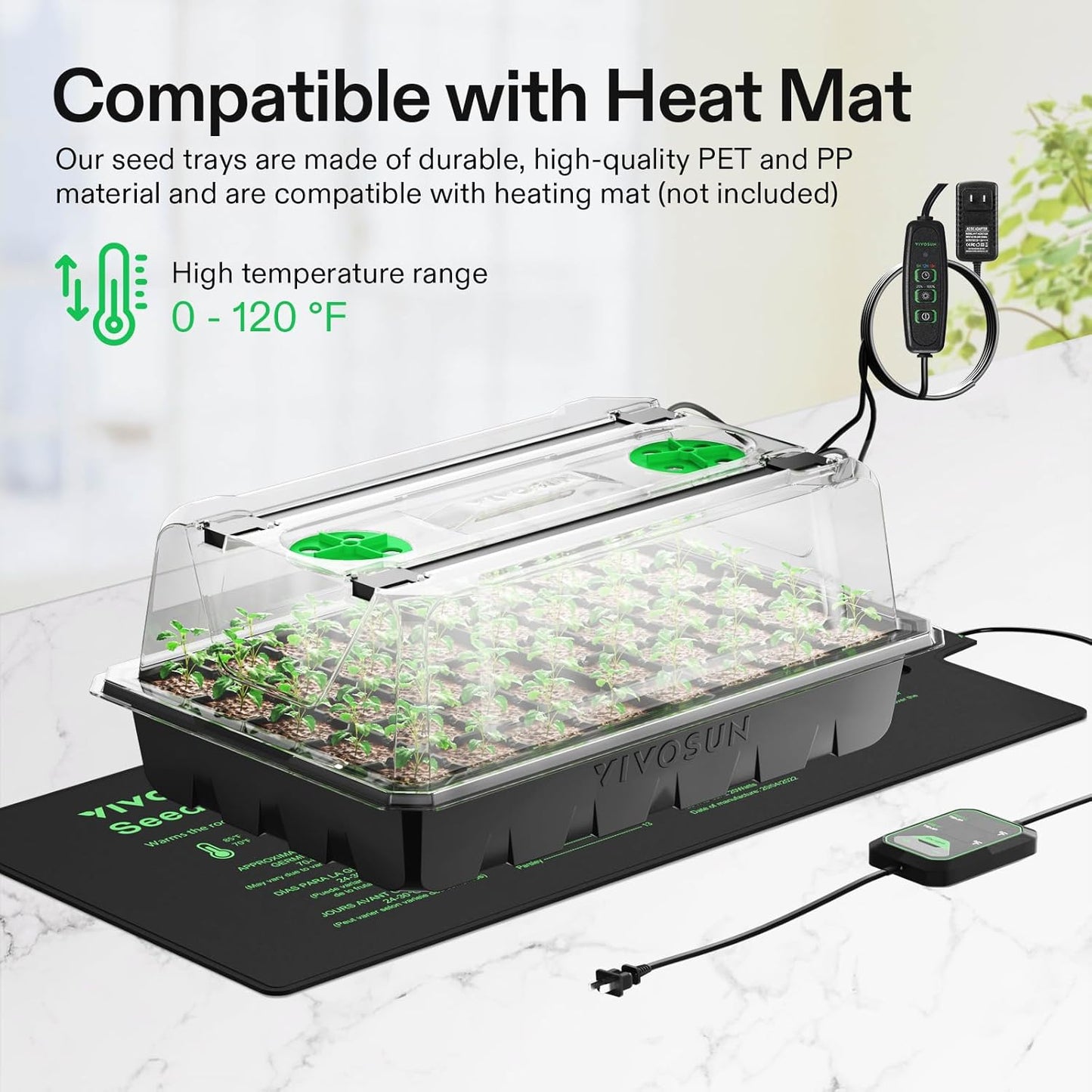 VIVOSUN 6-Pack Seed Starter Trays, 240-Cell Seed Starter Kit with 2 Set of LED Lights, 3.6" Higher Cover, Adjustable Vents, Drainage Holes, Green Propagation Tray for Planting Seed, 40 Cells x 6 Packs