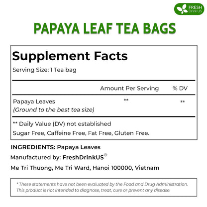 FreshDrinkUS, Premium 40 Papaya Leaf Tea Bags, 100% Natural & Pure. Loose Leaf Papaya Herbal Tea. Made with Natural Material Tea Bags. No Sugar, No Caffeine, No Gluten, Vegan.