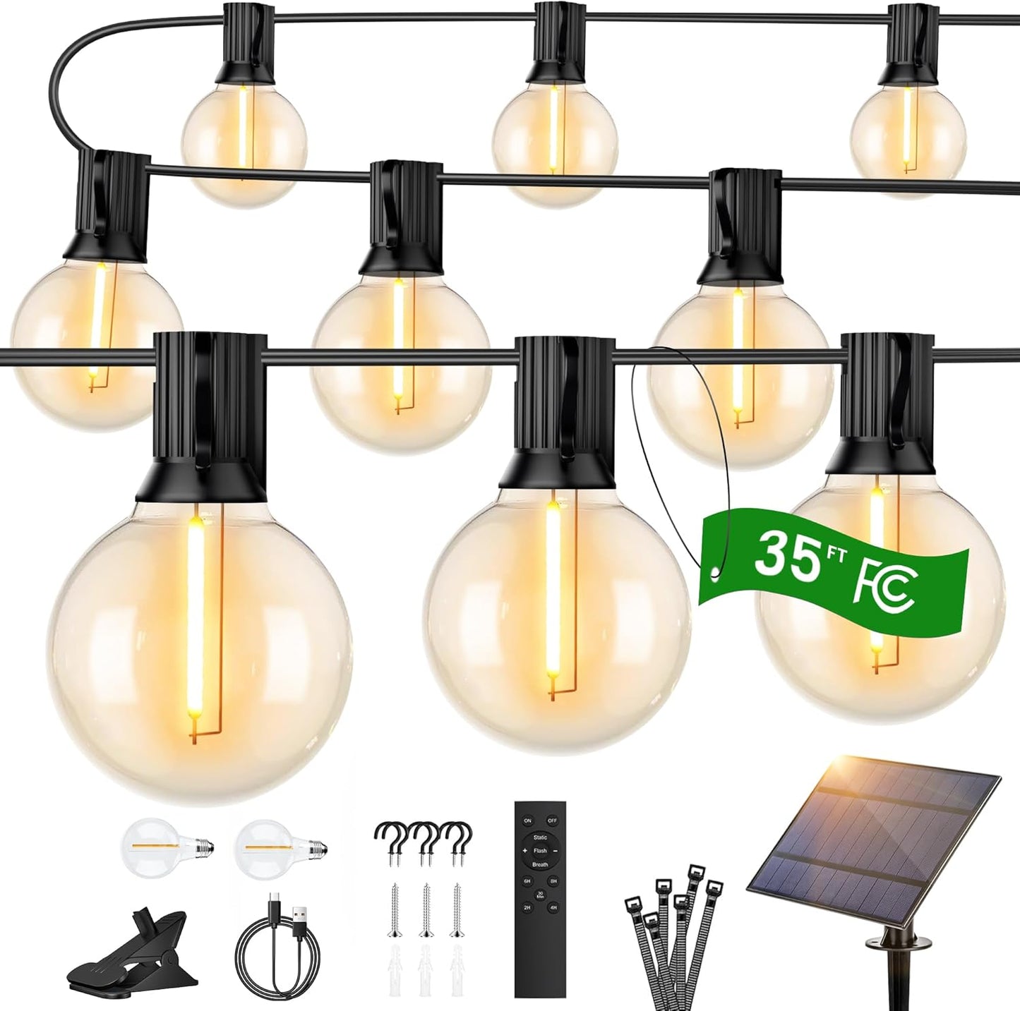 OHLUX 35FT Solar Globe String Lights Outdoor,Waterproof Solar G40 Patio Lights With Remote, 17 Shatterproof LED Filament Bulbs, 2200K Soft White,Dimmable Outside Edison Hanging Light for Backyard Deck