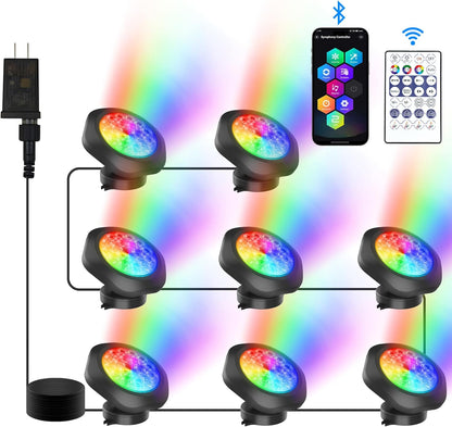 RGB Underwater Pond Lights, Super Bright 18 LED Submersible Fountain Lights Color Changing Spotlights, Bluetooth APP Control IP68 Waterproof for Fish Aquarium Tank Garden Yard Pool(Set of 8)