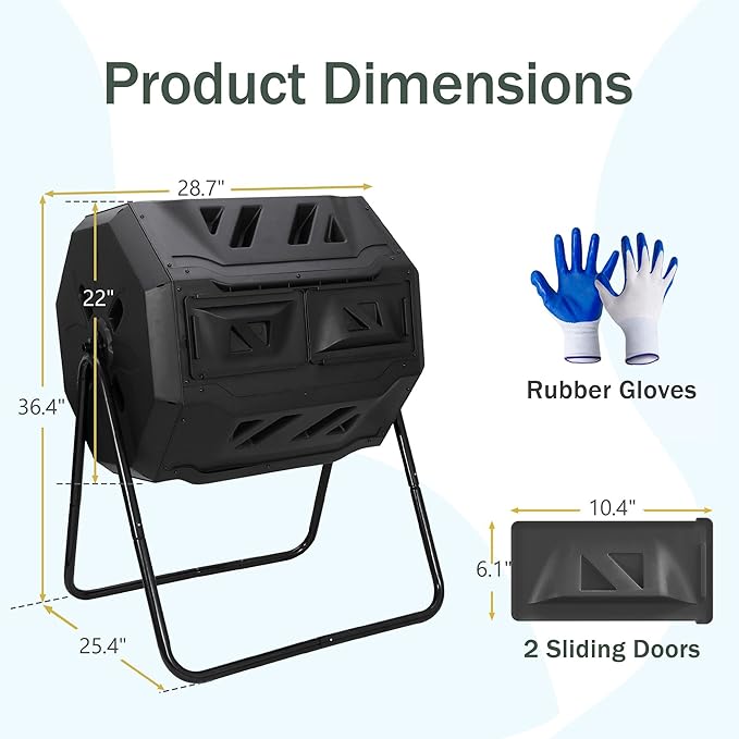 F2C Compost Bin Outdoor 43 Gallon Garden Dual Chamber Composter Bin - Bundled with Pearson's Gardening Gloves, BPA Free, Heavy-Duty Steel Frame, Rotating Tumbler with Sliding Doors -Black