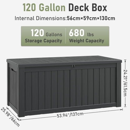 KAMABOKO Outdoor Storage Box, 120 Gallon Large Outdoor Resin Deck Box, Storage Waterproof Boxes Lockable Lid for Garden Tools, Pool Supplies, Patio Furniture and Cushions, Black