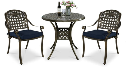 VIVIJASON 3-Piece Outdoor Patio Bistro Set, All-Weather Cast Aluminum Furniture Dining Sets Include 2 Cushioned Chairs and 31" Round Table w/Umbrella Hole for Balcony, Backyard, Navy Blue Cushion