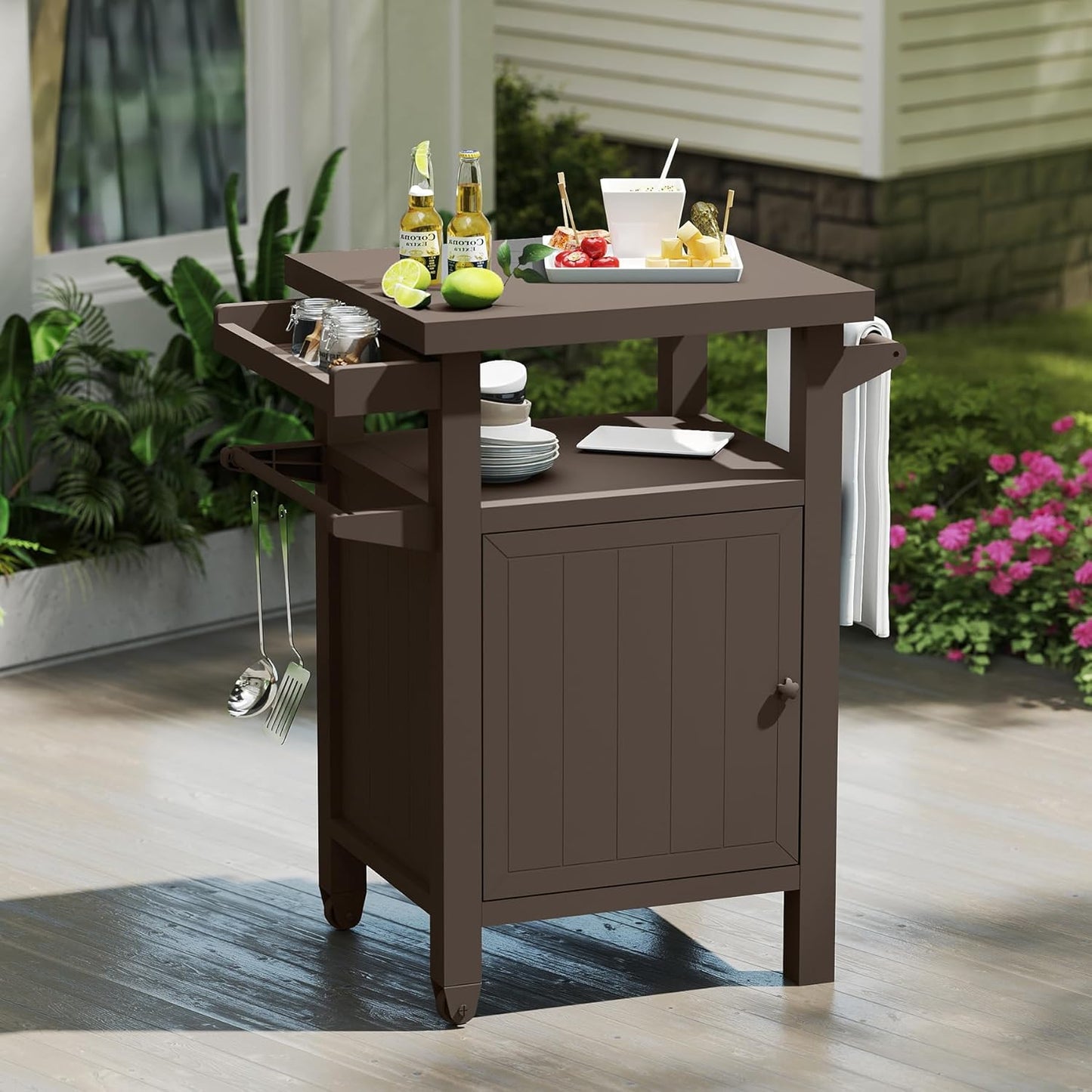 Grill Cart Outdoor with Storage Cabinet, Portable Rolling Patio Bar Cart with Wheels, BBQ Prep Table, Movable Stainless Steel Kitchen Island Dining Cart for Food/Drink/Cooking -Brown
