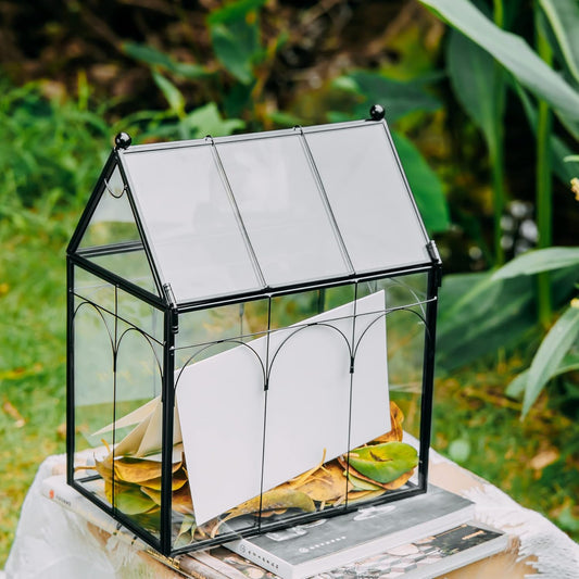 NCYP Glass Terrarium with Lid for Cacti, Succulents, Small Plants - 7.5 x 4.9 x 9 inches Closed Geometric Planter Box - Home Indoor Tabletop House Shape Decorative, Black (Terrarium Only)