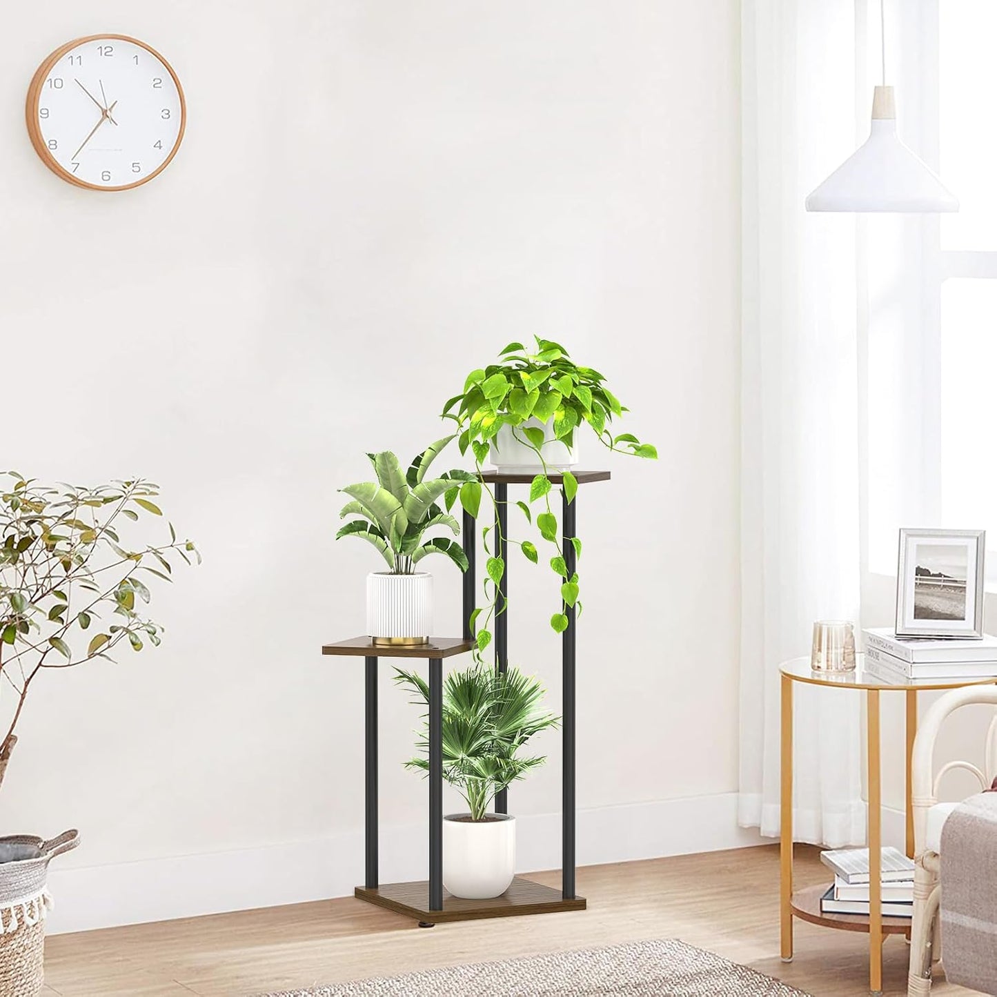 3 Tier Plant Stand Indoor Outdoor, Wood Metal Flower Shelf Pot Holder Clearance, Tall Multiple Plants Corner Rack Aesthetic Organizer for Patio Orchid Office Porch Living Room Garden, Black Oak