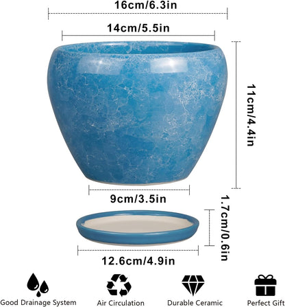 6 Inch Plant Pot - Ceramic Planter Pot with Drainage Hole and Saucer, Glaze Succulent Pot Modern Round Flower Pot for Indoor Plants, Blue