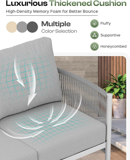 Aluminum Outdoor Patio Furniture Set, HDPE Rope 4 Piece Modern Sectional Conversation Sets with Dual-Layer Coffee Table, All Weather Patio Couch Sofa with Thick Cushions, Silver Frame, Silver