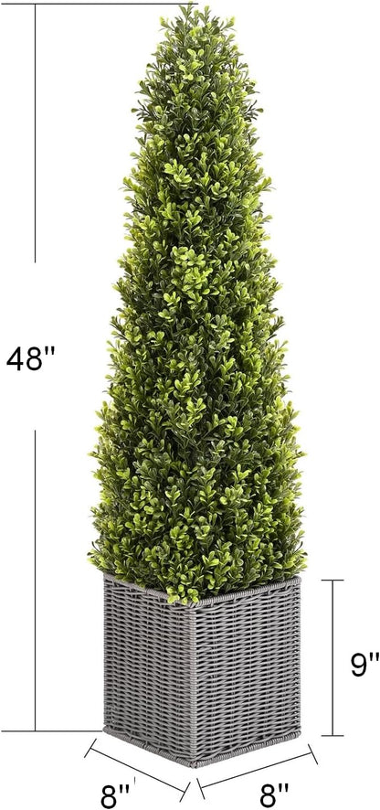 48 Inch Artificial Boxwood Outdoor Topiary Tree Set of 2, 4FT Potted Boxwood Tree Cone Topiary Artificial Plant Shrub for Front Porch Home Office Decor…