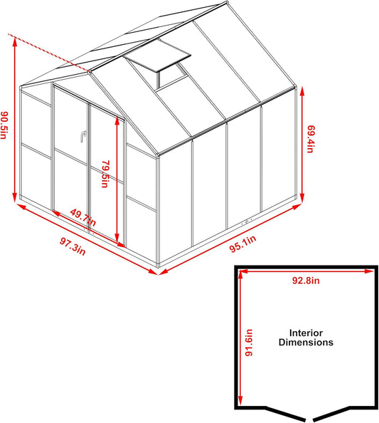 8x8 FT Outdoor Greenhouse Kit, Polycarbonate Aluminum Walk-in Greenhouse with Adjustable Roof Vent and Lockable Door, Backyard Garden in Winter, Gray