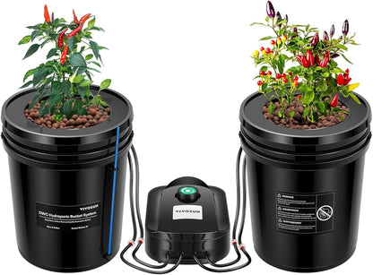 VIVOSUN DWC Hydroponics Grow System with Top Drip Kit, 5-Gallon Deep Water Culture, Recirculating Drip Garden System with Multi-Purpose Air Hose, Air Pump, and Air Stone (2 Buckets + Top Drip Kit)