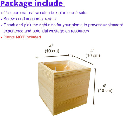 LaLaGreen Wooden Planter Box for Plants (4x4 Inch, 4 Pack) Small Square Wall Planters for Indoor Plant, Natural Wood Hanging Flower Pot Herb Planter Table Centerpiece Modern Home Garden Office Decor