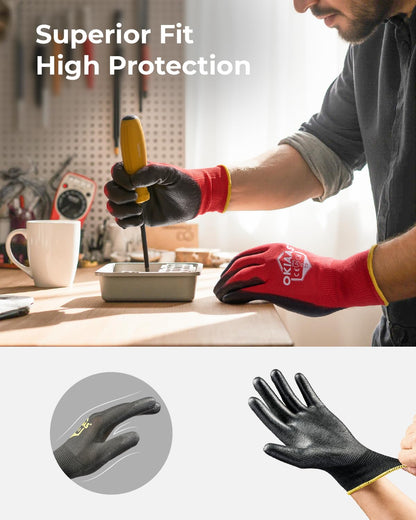 OKIAAS Work Gloves for Men，Ultra Thin and Lightweight Working Gloves with Grip, Bulk Case of 60 Pairs Construction Gloves with Polyurethane Coating, Safety Gloves for Light Duty Work (Black, Large)