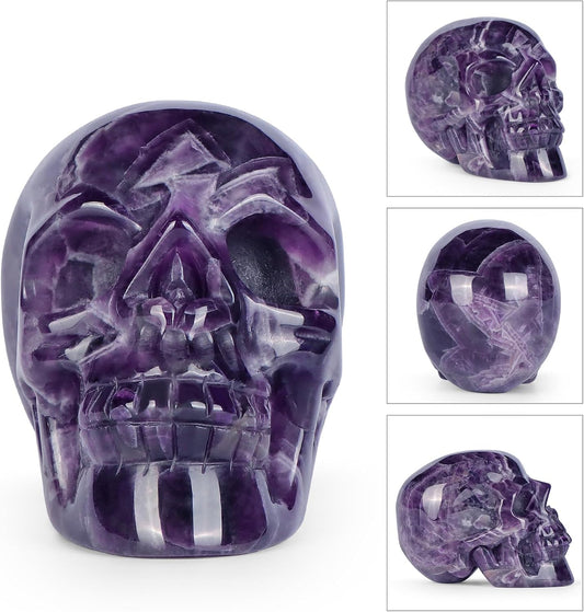 Amethyst Crystal Skull Head Figurine Hand Carved Large Quartz Gemstone Skull Statue Sculpture Decor for Day of The Dead Halloween(3 Inches)