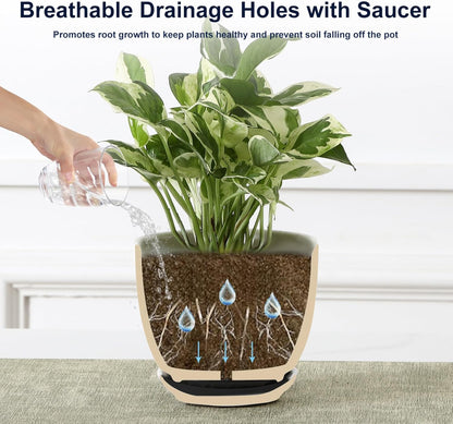 Sureasy Ceramic Indoor Plant Pots - 5.6 Inch Flower Pots for Plants with Drainage Hole and Saucer, Embossed Planter for Succulents, Orchid, Cactus, Indoor Home Decor, Set of 4, Blue