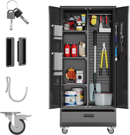31.5 in Wide Garage Storage Cabinet with Wheels, Metal Storage Cabinet with 1 Drawer and 3 Adjustable Shelves for Home Offices, Gyms and Pantries, Black