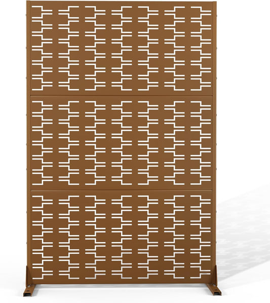 Metal Privacy Screen Outdoor 72" H×47" W,Freestanding Decorative Privacy Screen for Balcony Yard&Garden,Privacy Fence-Brown&Brick