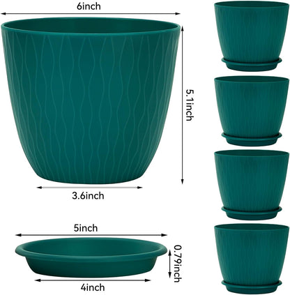Plant Pots – 6 Inch Planters with Drainage Holes and Saucers, Flower Pots for Indoor and Outdoor Plants, Nursery Planting Pots (Pack of 5, Teal)