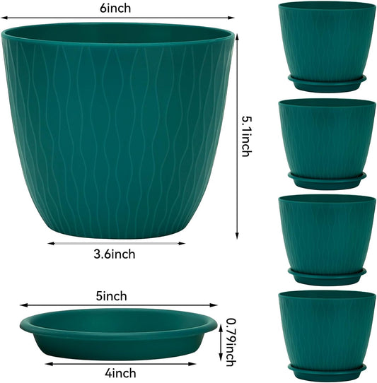 Plant Pots – 6 Inch Planters with Drainage Holes and Saucers, Flower Pots for Indoor and Outdoor Plants, Nursery Planting Pots (Pack of 5, Teal)
