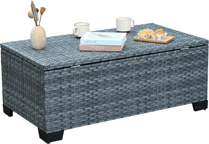 Outdoor Storage Table Wicker Patio Coffee Table All-Weather Rattan Side Table with Waterproof Cover, Grey