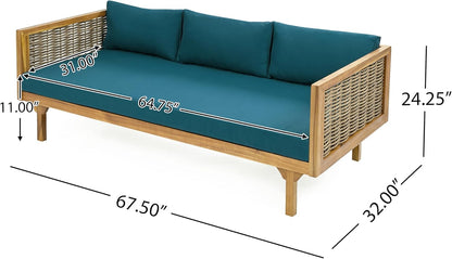 Christopher Knight Home Outdoor 3 Seater Acacia Wood Daybed with Fabric Water Resistant and Removable Cushions, Patio Garden Sofa with Wicker Armrest and Slat Paneling Back, Teak and Dark Teal