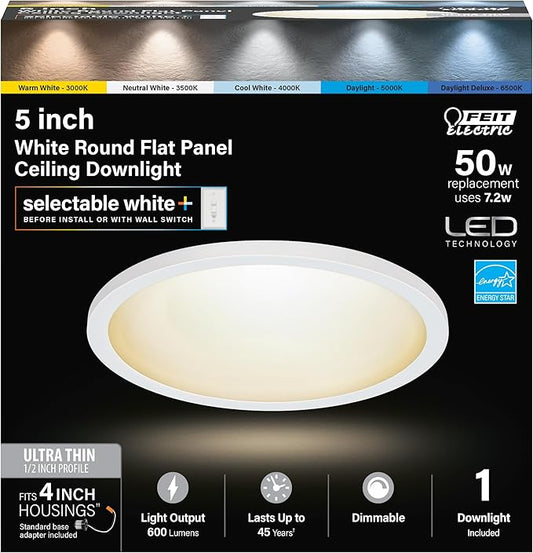 Feit Electric LED Ceiling Downlight, Dimmable Flat Panel Ceiling Light with Color Selection (5CCT), TP24 Adapter Included
