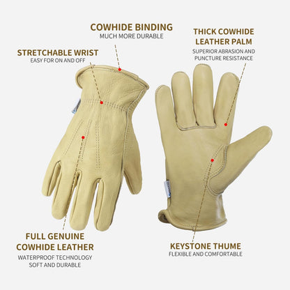 HLDD HANDLANDY Leather Work Gloves for Men & Women, Adjustable Wrist Cowhide Gardening Glove with Reinforced Palm for Driver