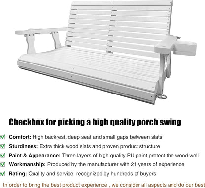 Wooden Porch Swing 2-Seater, Bench Swing with Cupholders, Hanging Chains and 7mm Springs, Heavy Duty 800 LBS, for Outdoor Patio Garden, Pure White, 4 FT Extra Large